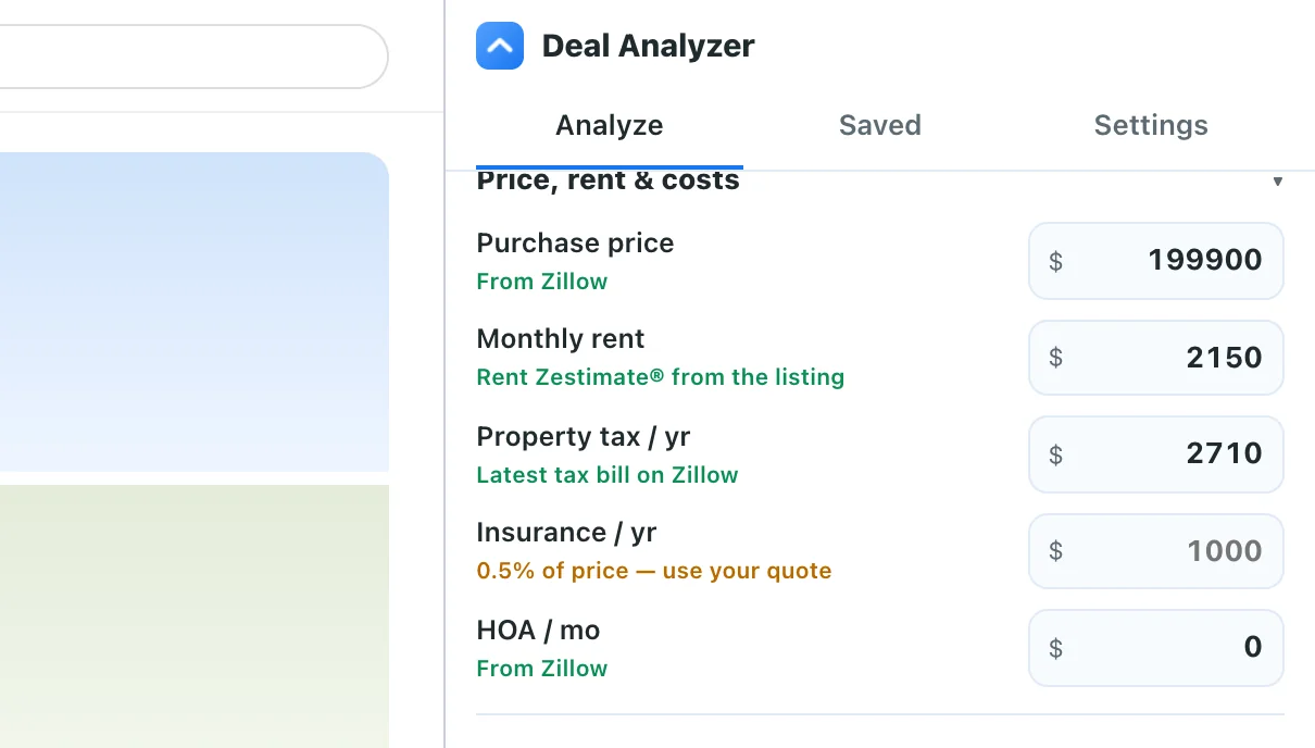 Rentmark Deal Analyzer side panel next to a home listing, showing the rent estimate, tax bill and financing inputs with their sources