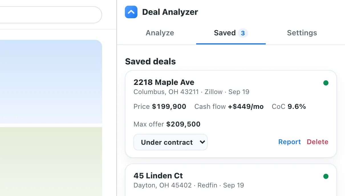 Saved deals list in the Deal Analyzer side panel, each with its price, cash flow, max offer and status