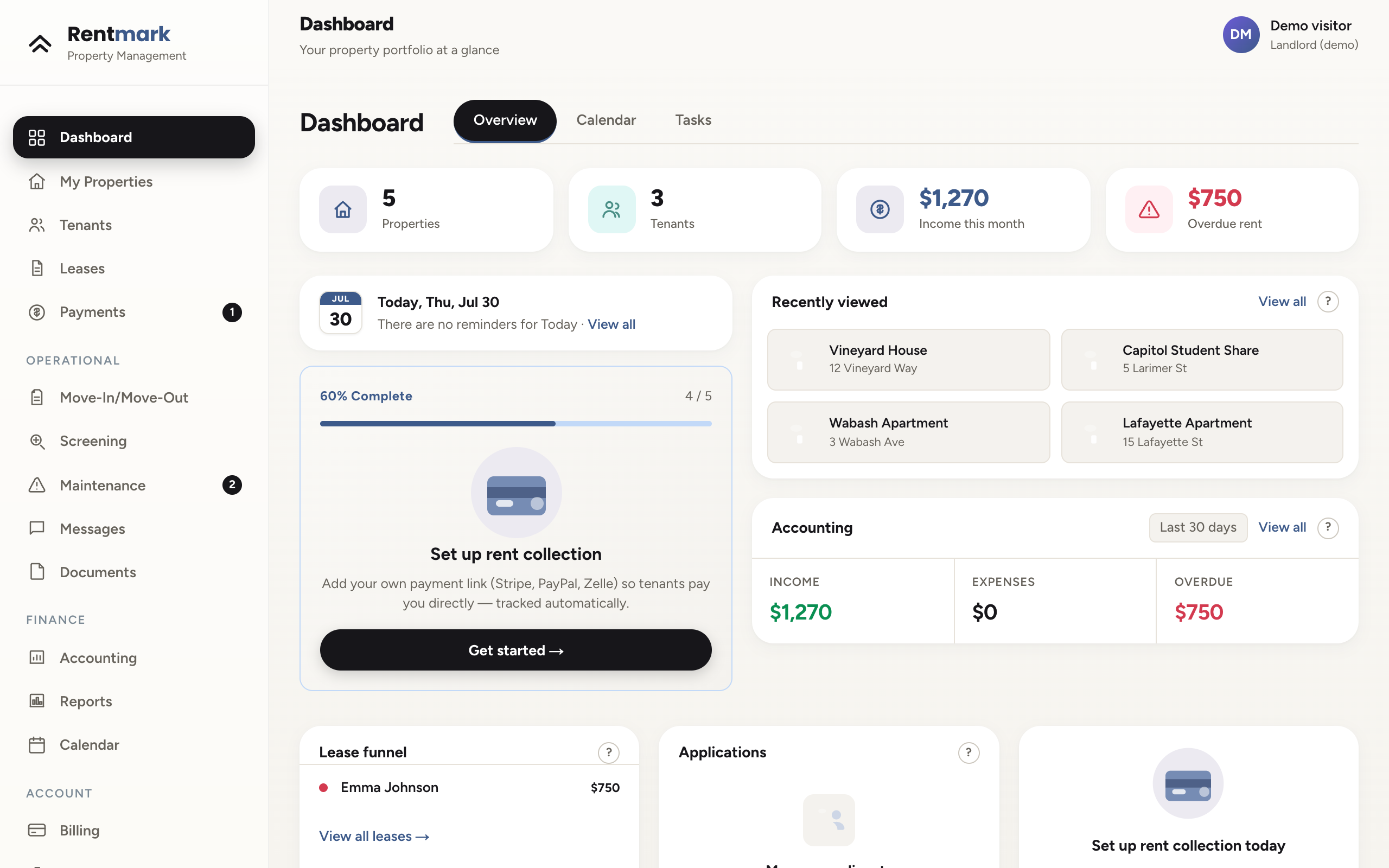 Rentmark dashboard showing rent collected, overdue payments, and occupancy rate