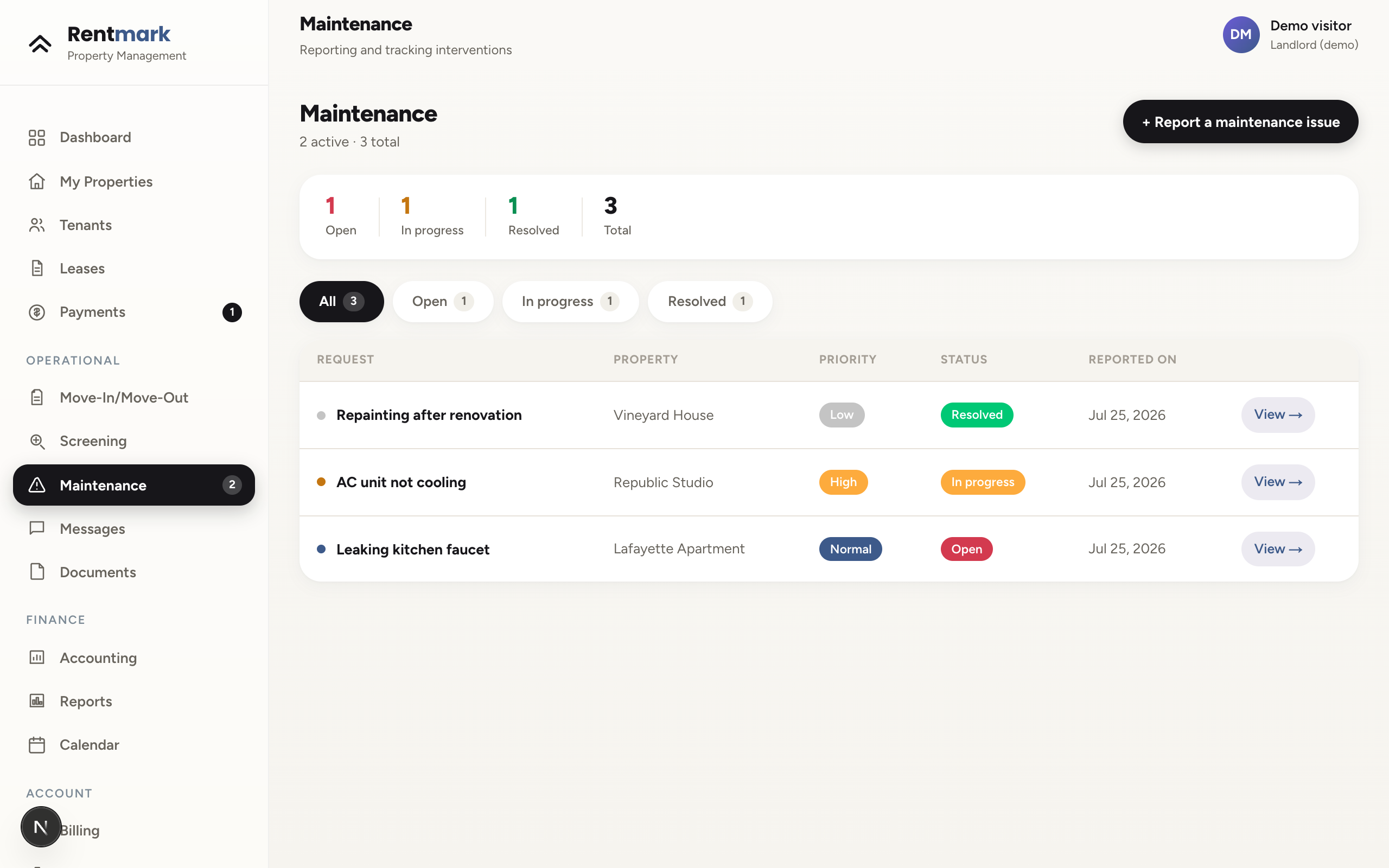 Rentmark incidents list with priority and status badges