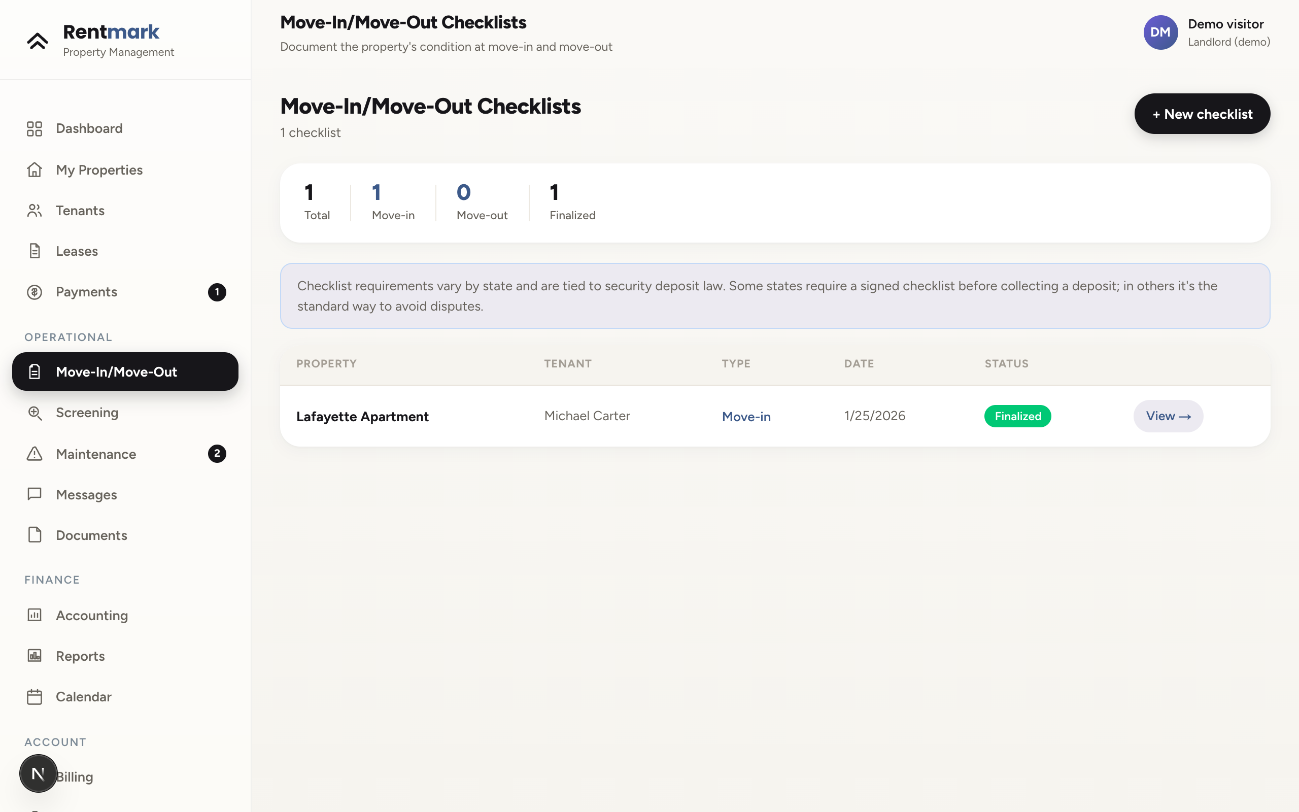 Rentmark move-in inspection checklist with room-by-room condition