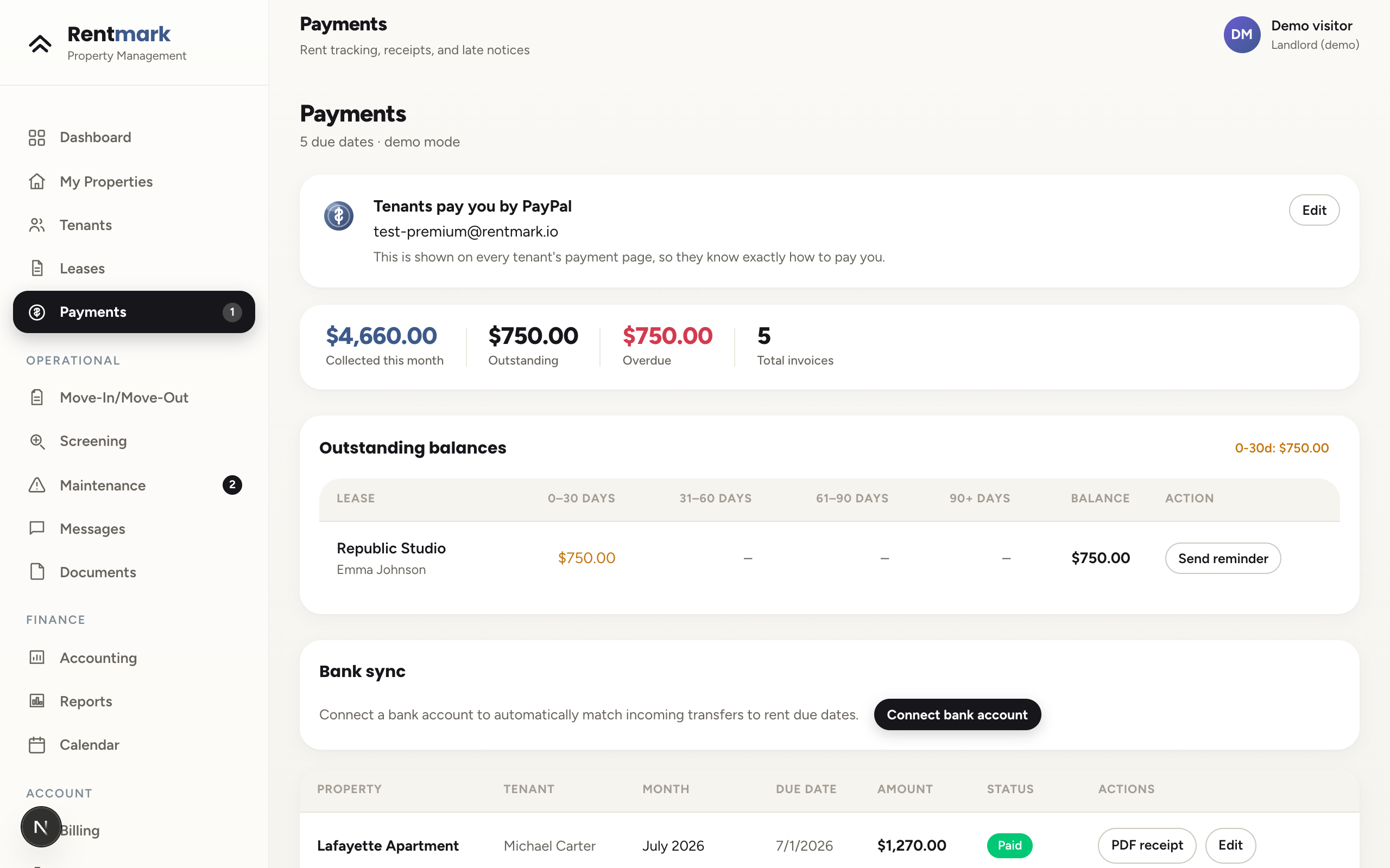 Rentmark payments page showing collected rent and overdue status