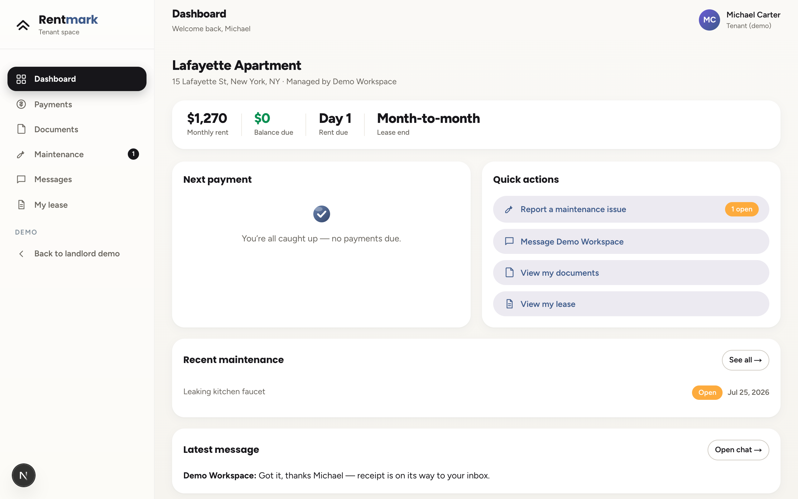 Rentmark tenant portal dashboard showing next payment, quick actions, and maintenance